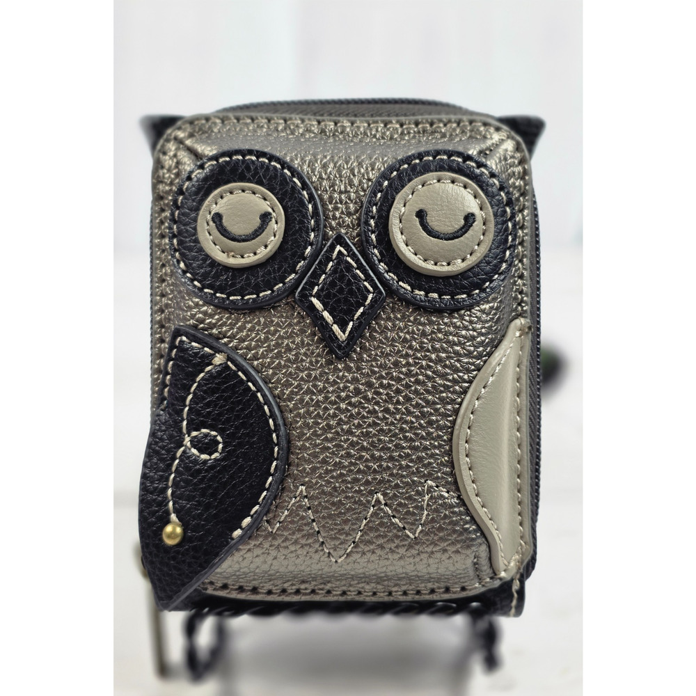 Chala Handbags Wristlet Gray/Black Owl, Full Zip, RFID Protect, PETA Approved